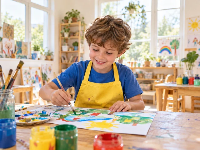 Un băiat pictează la masa unui atelier luminos