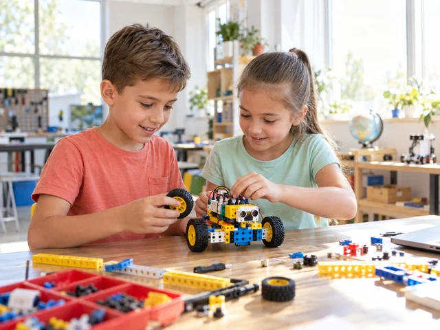 Doi copii construiesc împreună un robot la atelier