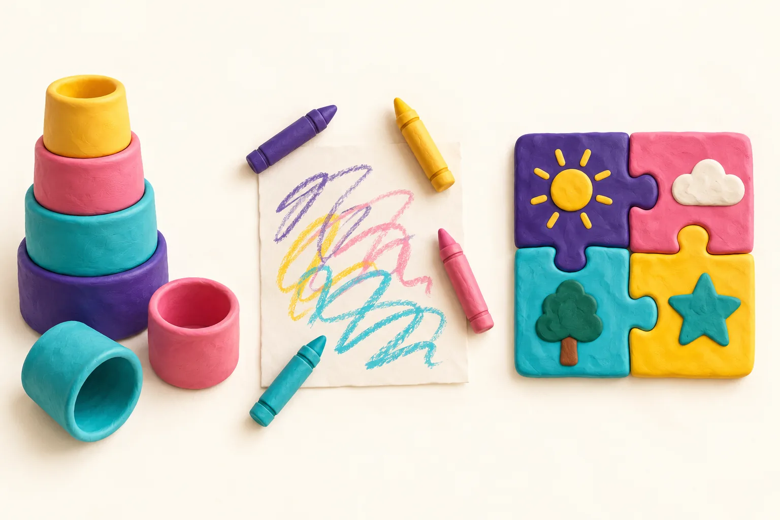 Pahare de construit, creioane și puzzle cu piese mari: trei idei de joacă. Ilustrație AI în stil plastilină.